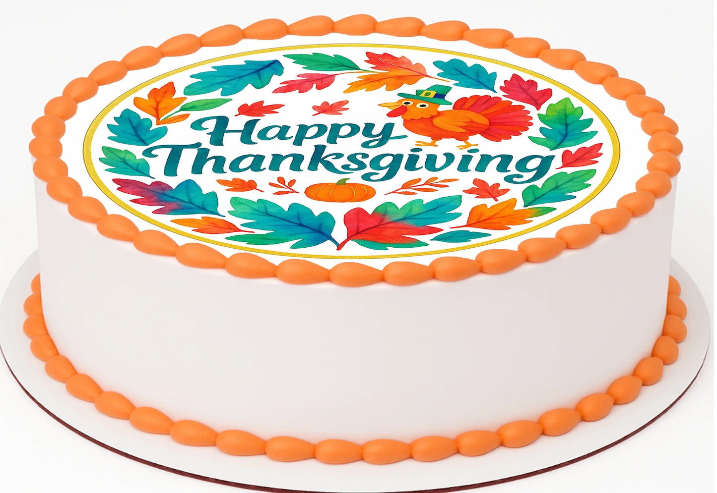 Thanksgiving edible imagecake topper with colorful decorations and 'Happy Thanksgiving' text.