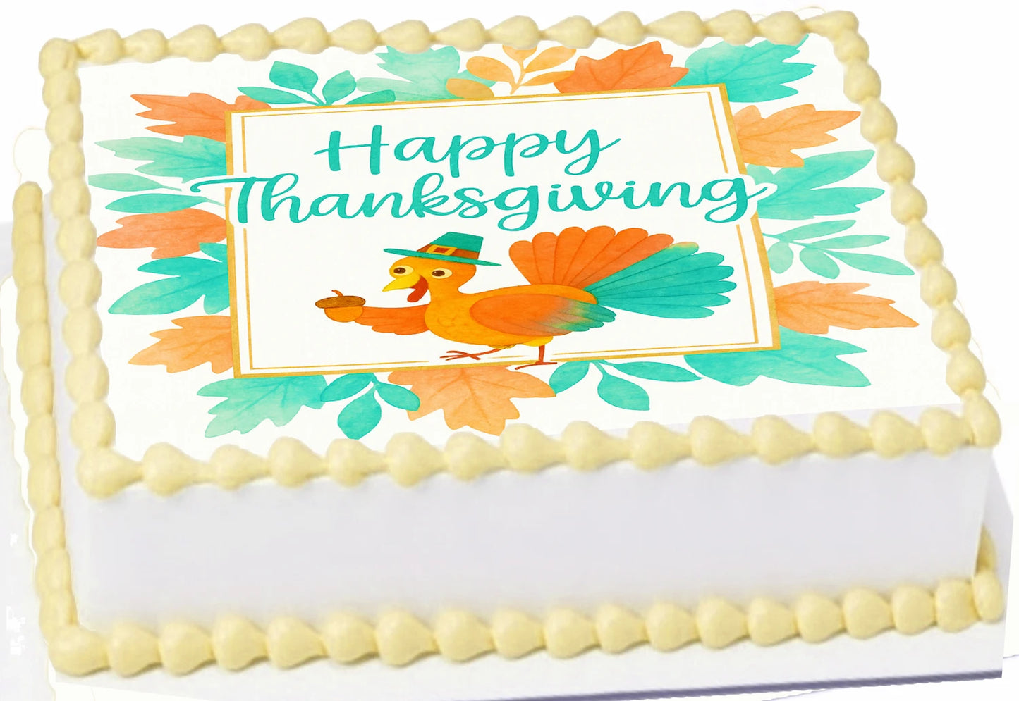 Thanksgiving-themed cake topper with turkey and leaves on a edible image sheet
