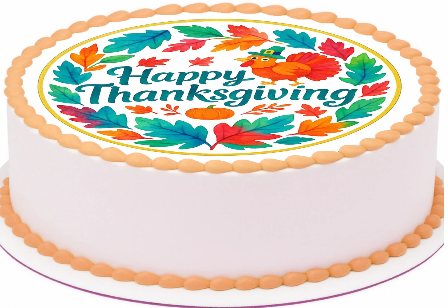Thanksgiving-themed cake topper with colorful decorations on a precut edible image