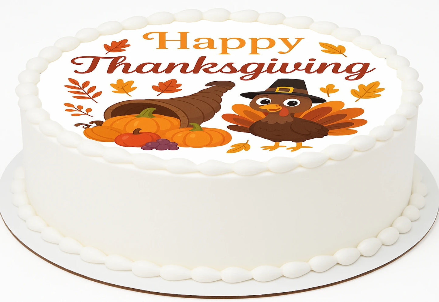 Thanksgiving-themed cake topper with turkeys, pumpkins, and leaves on a edible image.