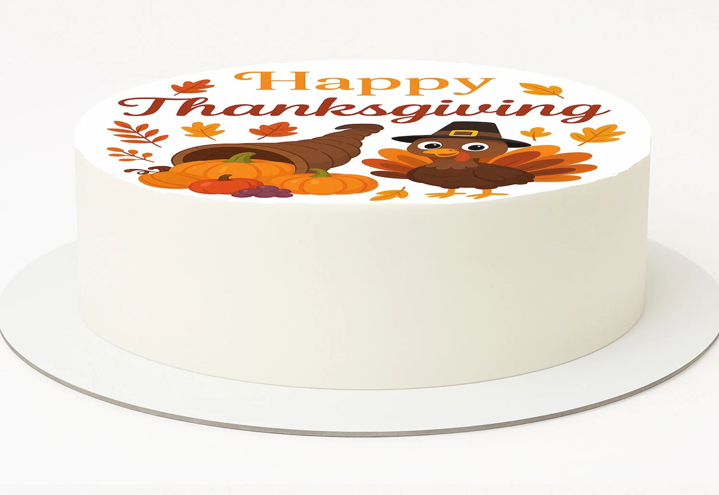White cake topper with 'Happy Thanksgiving' text, turkeys, and pumpkins on a edible image.