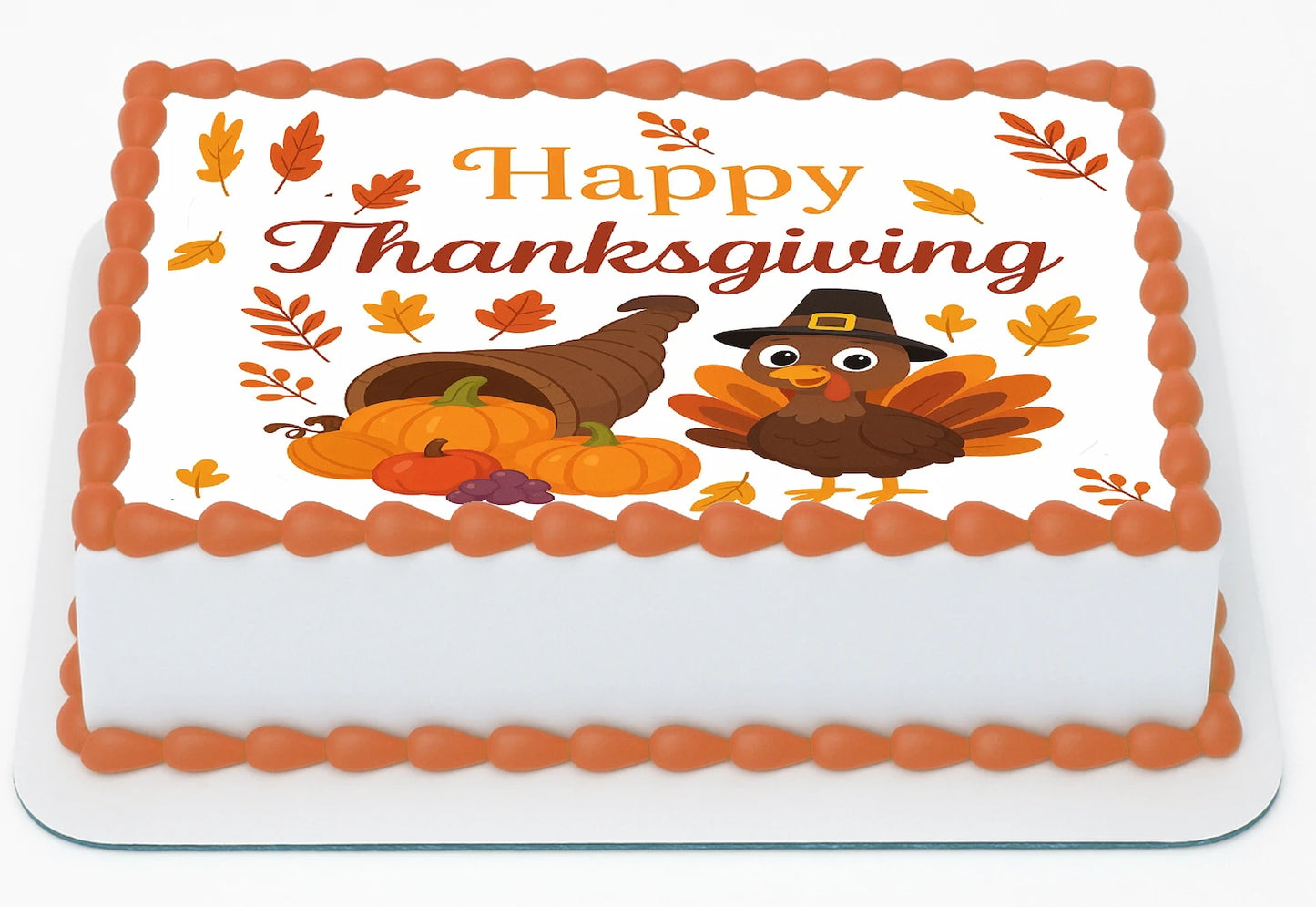 Thanksgiving-themed sheet cake topper with turkeys, pumpkins, and cornucopia on a edible image