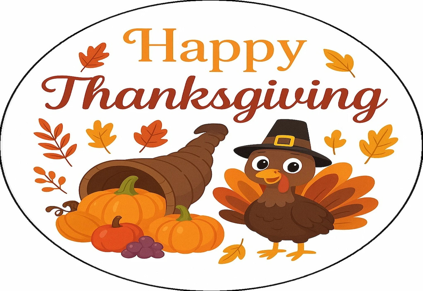 Happy Thanksgiving cake topper design with a turkey, cornucopia, pumpkins, and leaves on a edible image.