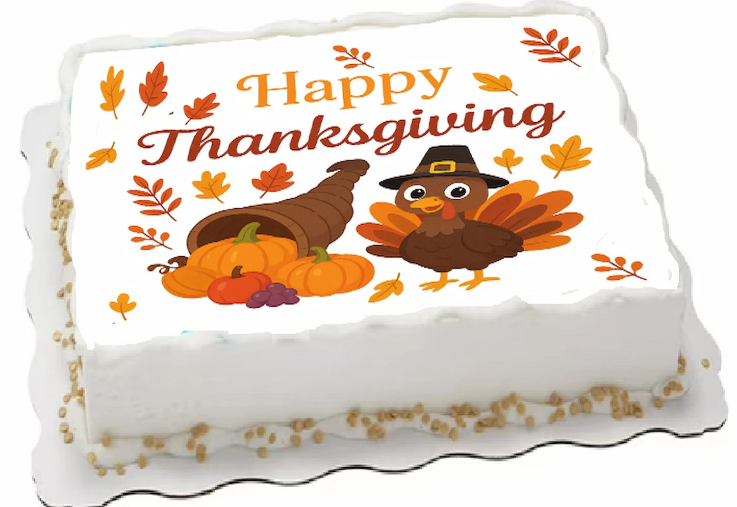 Thanksgiving-themed sheet cake topper with turkeys, pumpkins, and 'Happy Thanksgiving' text on edible image
