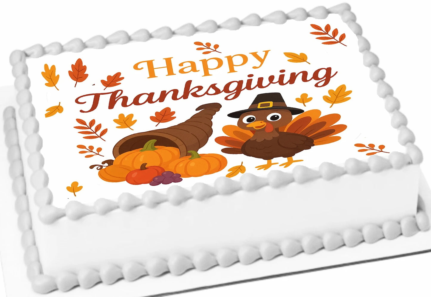Thanksgiving-themed cake topper with turkey, cornucopia, and pumpkins on a edible image