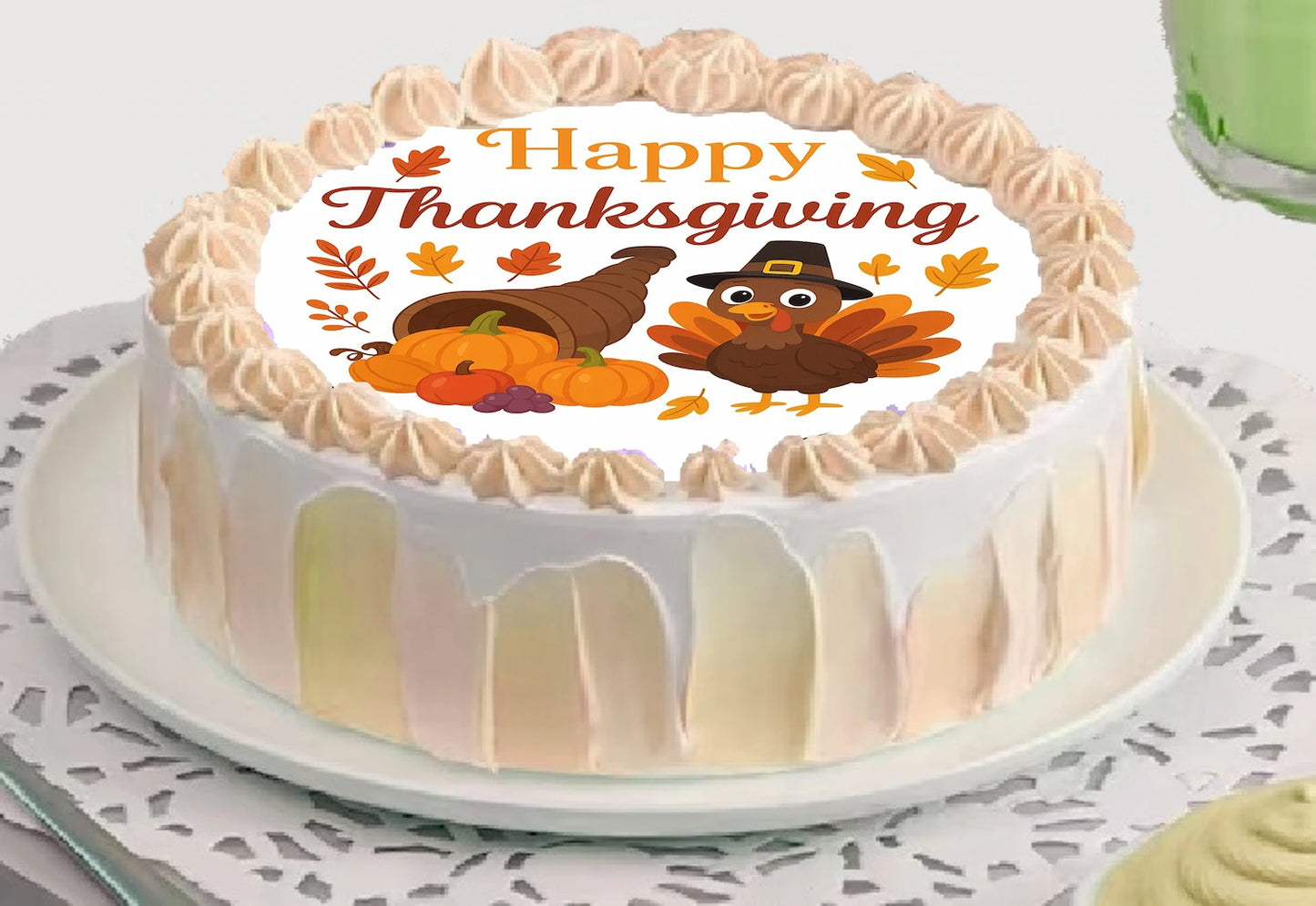 Thanksgiving-themed cake topper with turkeys and pumpkins on a edible image