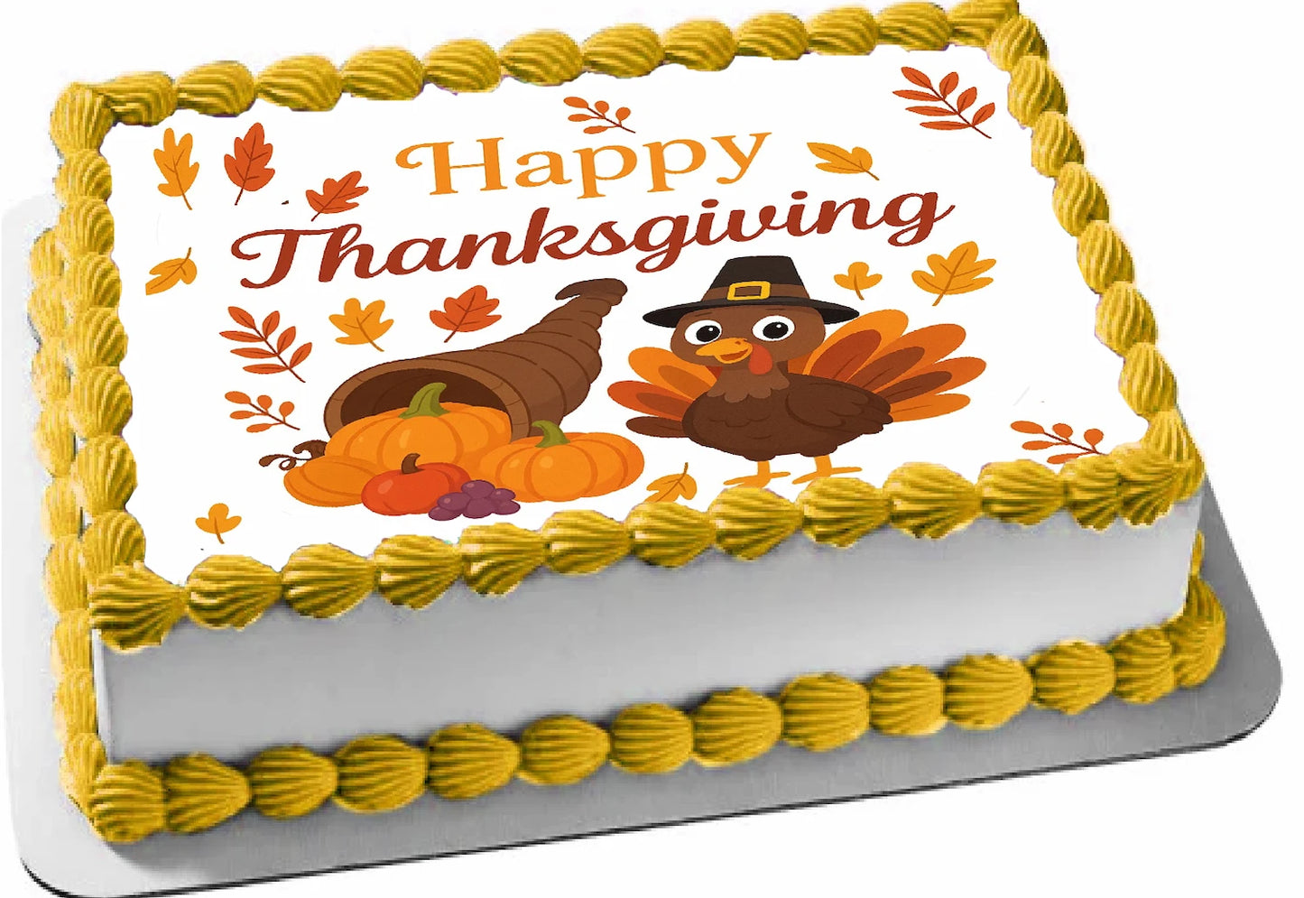 Thanksgiving-themed cake topper with turkey, cornucopia, and pumpkins on a edible image sheet