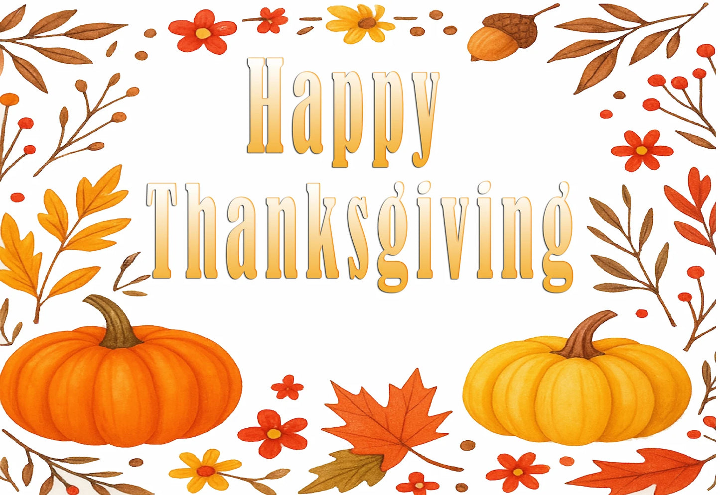 Happy Thanksgiving text with pumpkins and autumn leaves on a edible image cake topper sheet