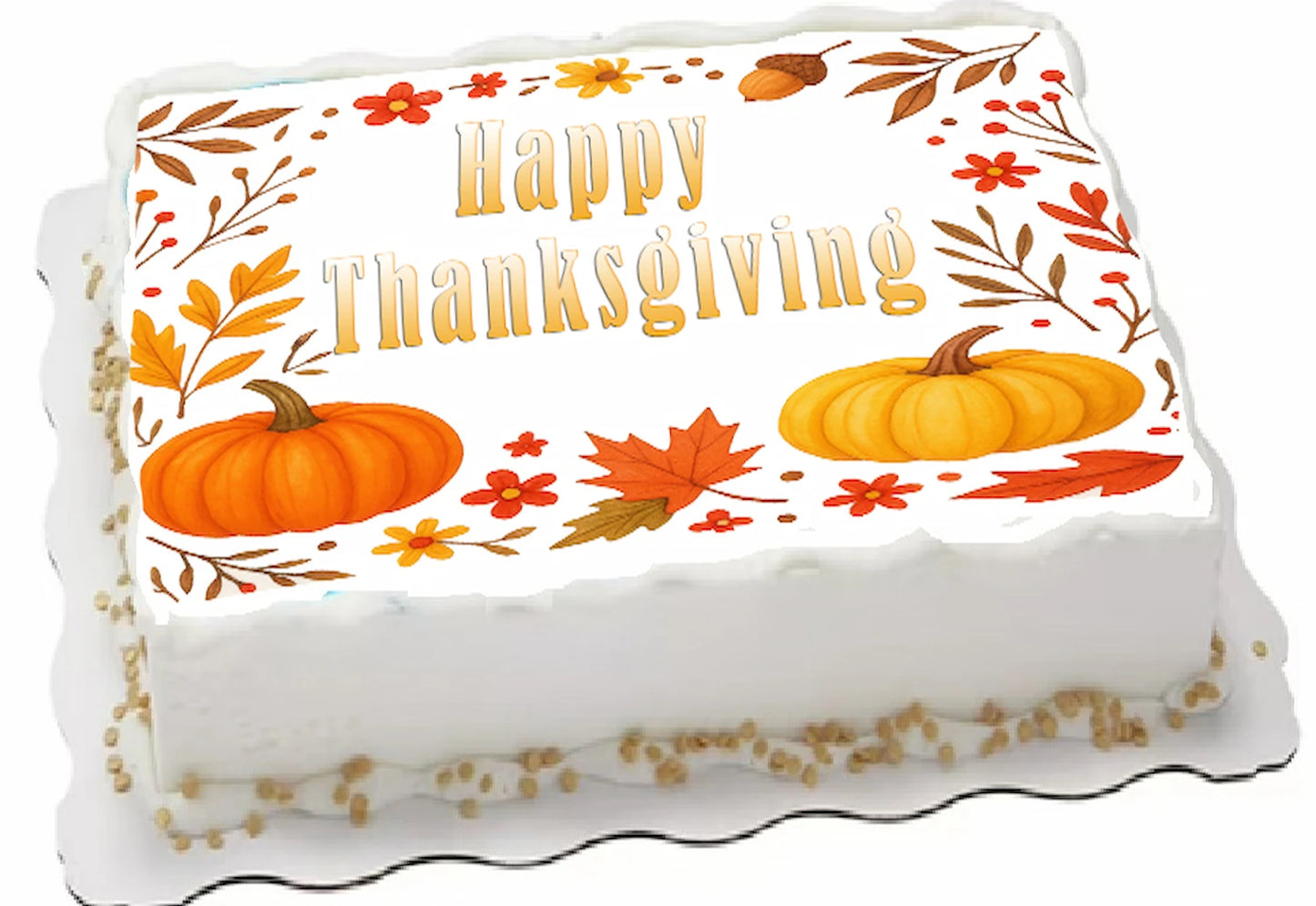 Decorative cake topper with 'Happy Thanksgiving' text and pumpkins on edible image.