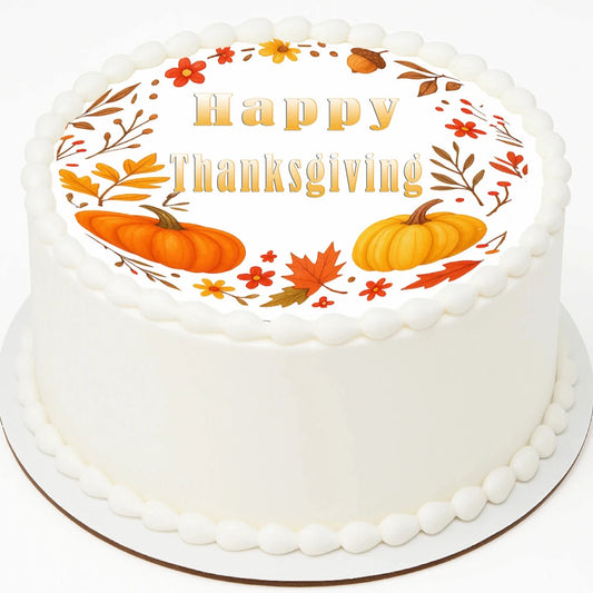 Thanksgiving Edible Image Cake Topper – Fall in Bloom Design – Pre-cut 8" Round Icing Sheet – RA Pape