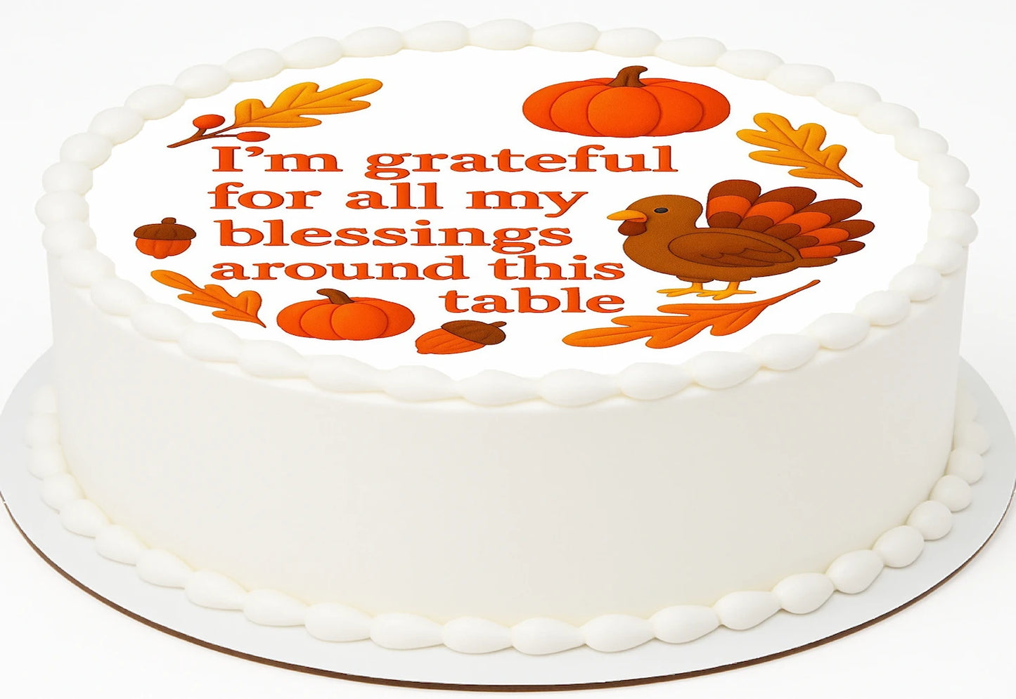 Thanksgiving-themed cake topper with greatful text and decorations on a precut edible image
