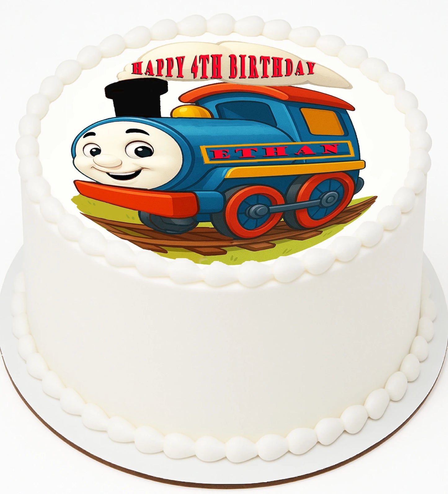 Birthday cake with a Edible Icing Image of a train design and 'Happy 4th Birthday' text