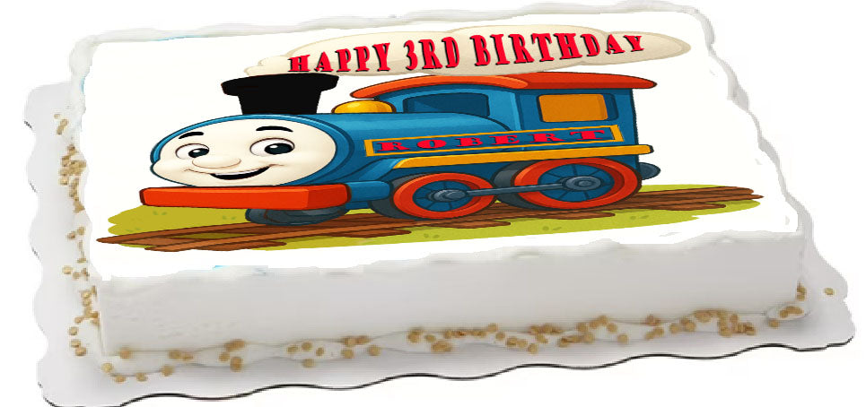 Edible Icing Images Sheet Cake Topper with Thomas Tank Train-themed decoration featuring text personalized with name and age