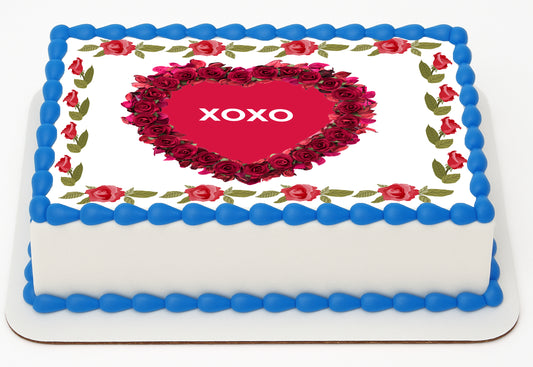 Timeless Rose Heart Edible Image Sheet Cake Topper on blue trimmed cake
