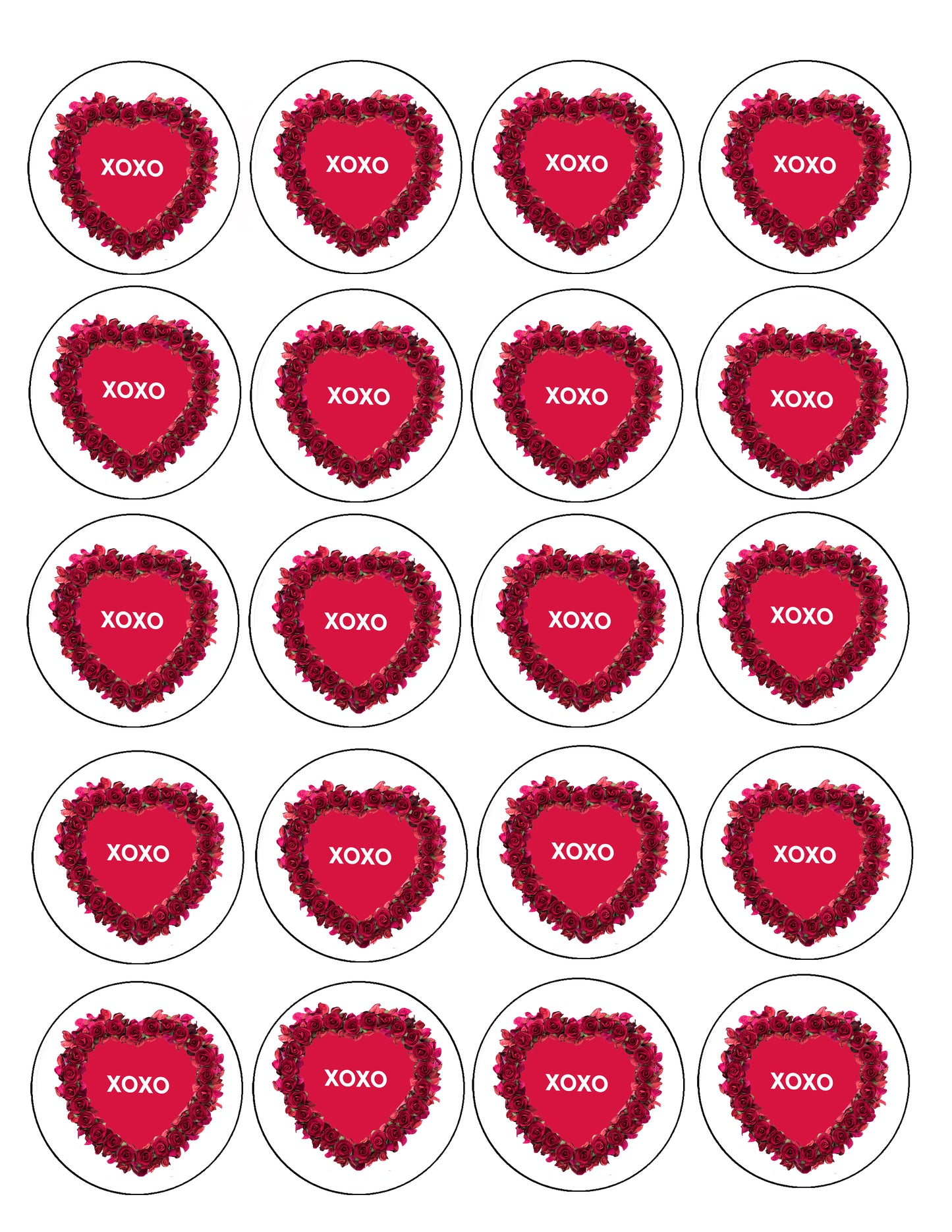 Red heart-shaped Edible Image Cookie/Cupcake toppers with 'XOXO' text on a white background