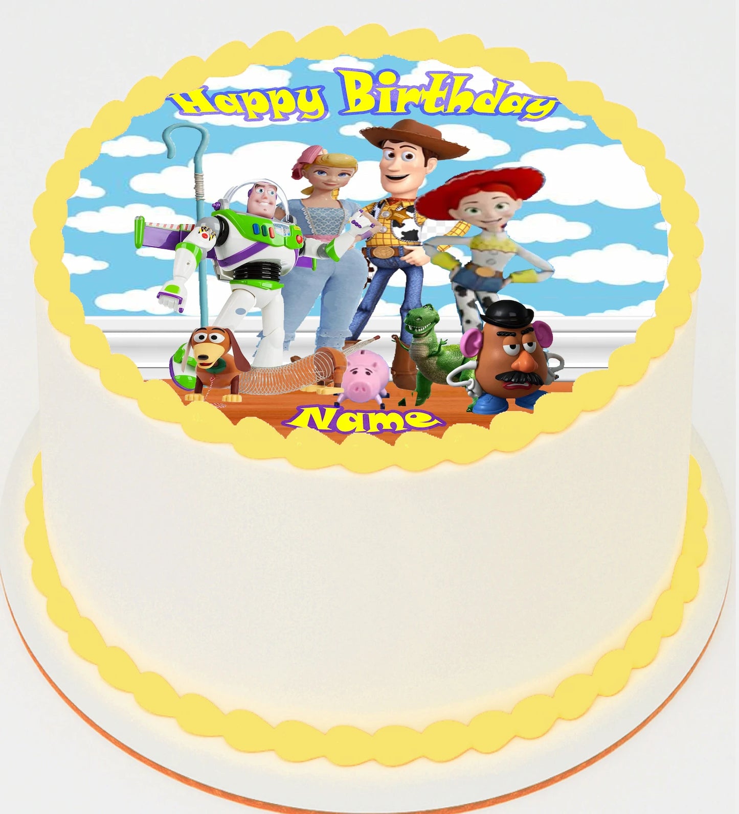 Edible image on a birthday cake with toy sttory design and 'Happy Birthday' text.