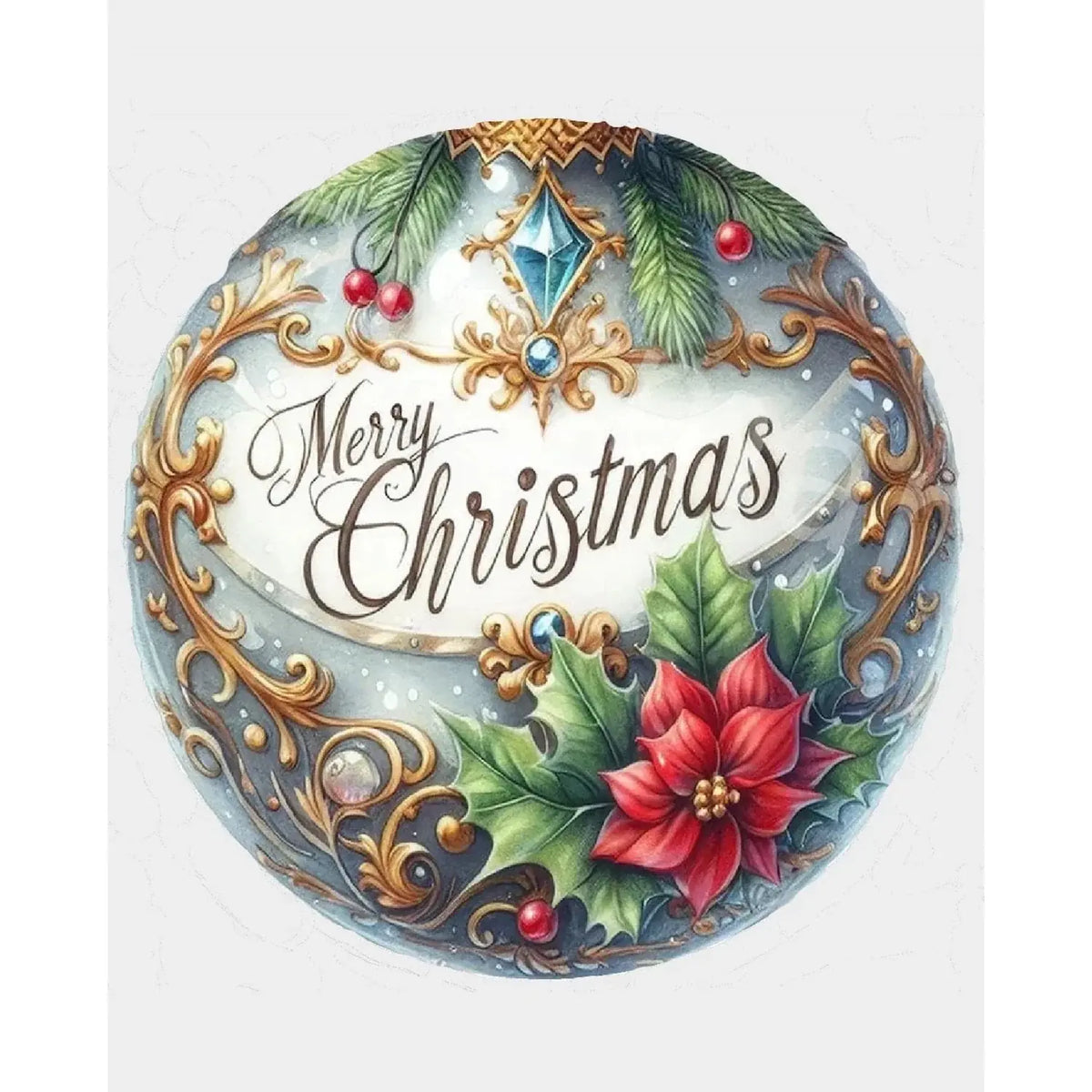 Christmas Tree Ornaments edible icing round cake topper design.