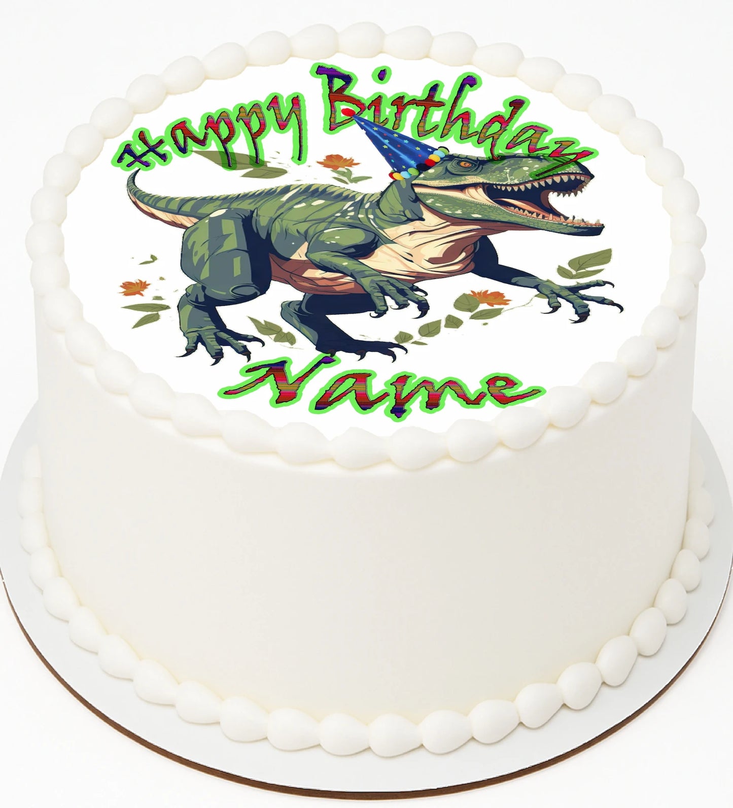 Birthday Edible Icing Images Cake Topper with dinosaur design and customizable text