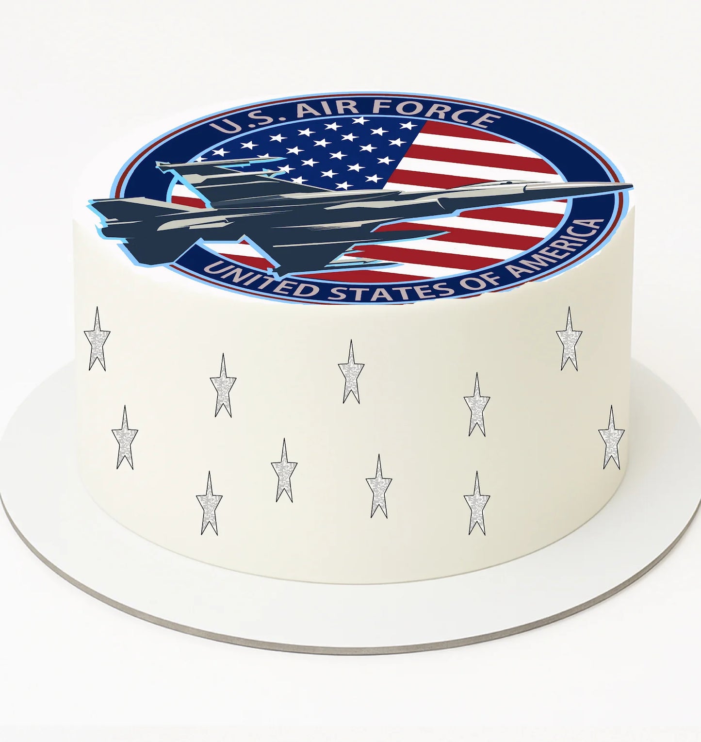 Air Force jet edible topper displaying patriotic flag design and military aircraft