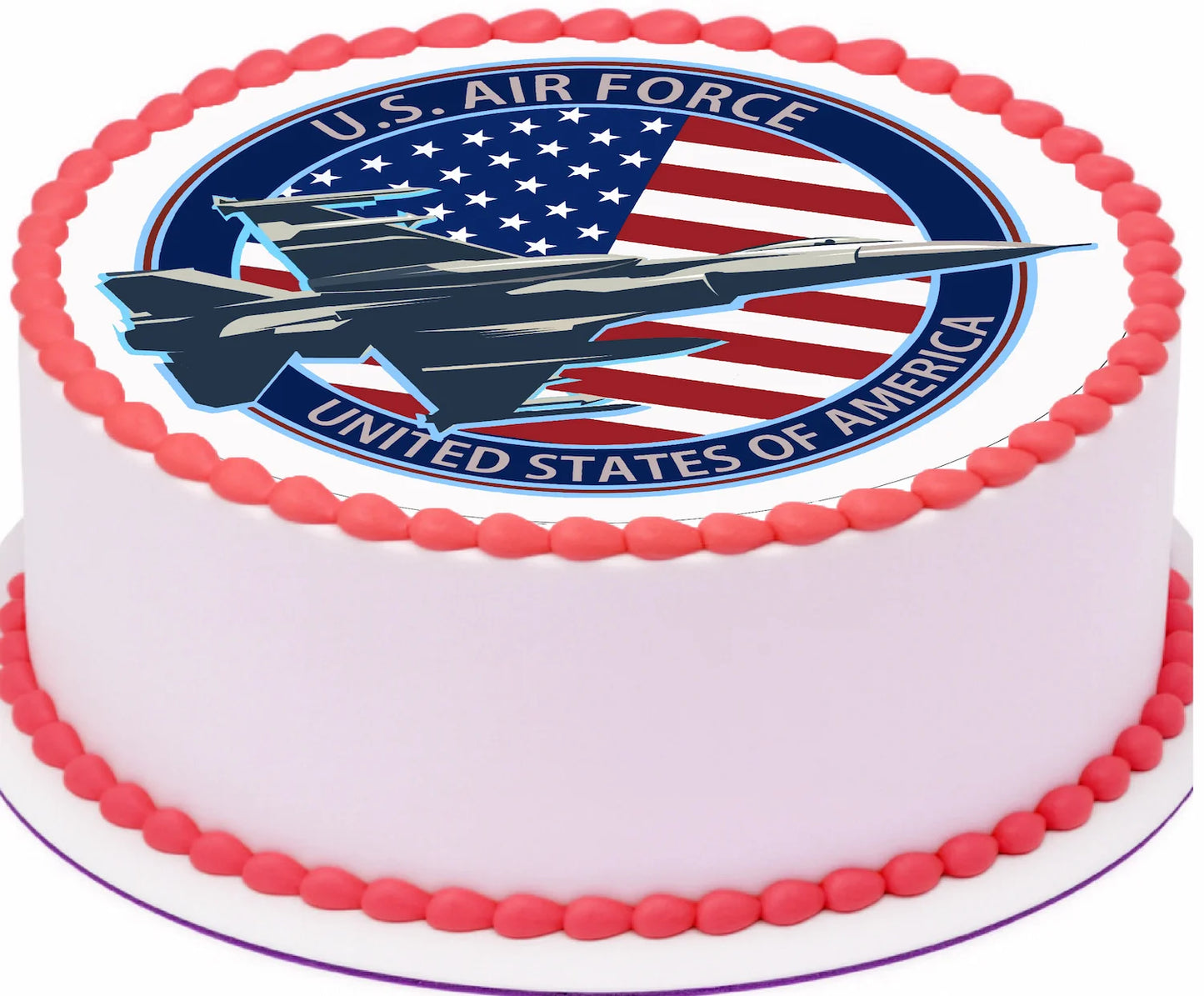 Patriotic edible cake image with Air Force jet soaring over stars and stripes flag