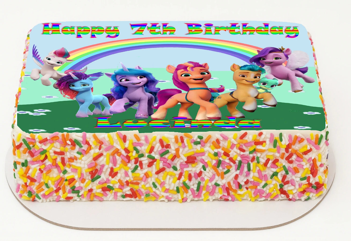 Edible Icing Images Sheet Cake Topper with colorful 'Happy Birthday & Name' Personalied text and Little Pony-themed characters.