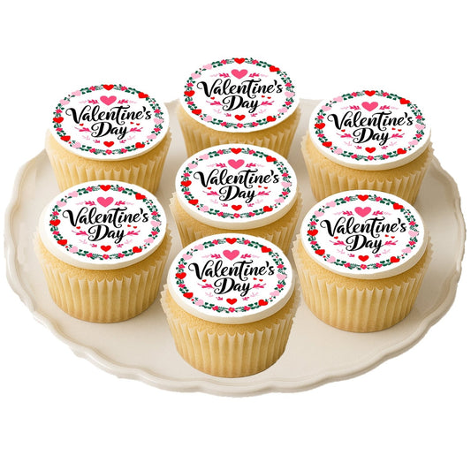 Custom Edible Cake Topper – Valentine Wreath Design – Icing Sheet Cookie & Cupcake Images –20 Pre-cut 2” Round– RA Pape
