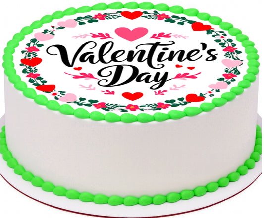 Valentine Wreath Edible Image Cake Topper – Precut 8" Round Valentine's Day cake with green border and decorative text