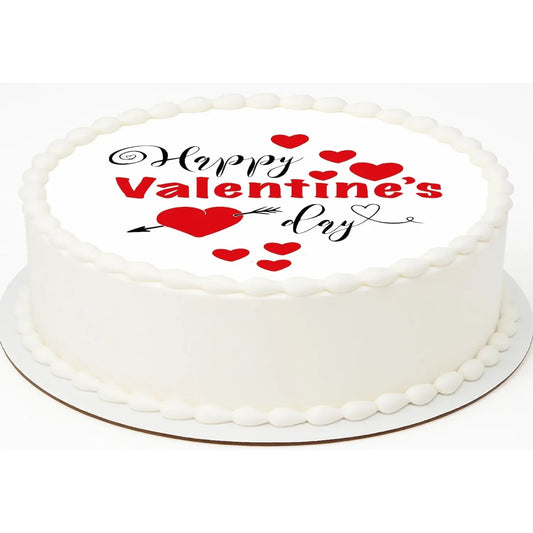 Valentine Hearts Valentine's Day Edible Icing Cake Topper – 8-Inch Round, on a white frosted round cake.