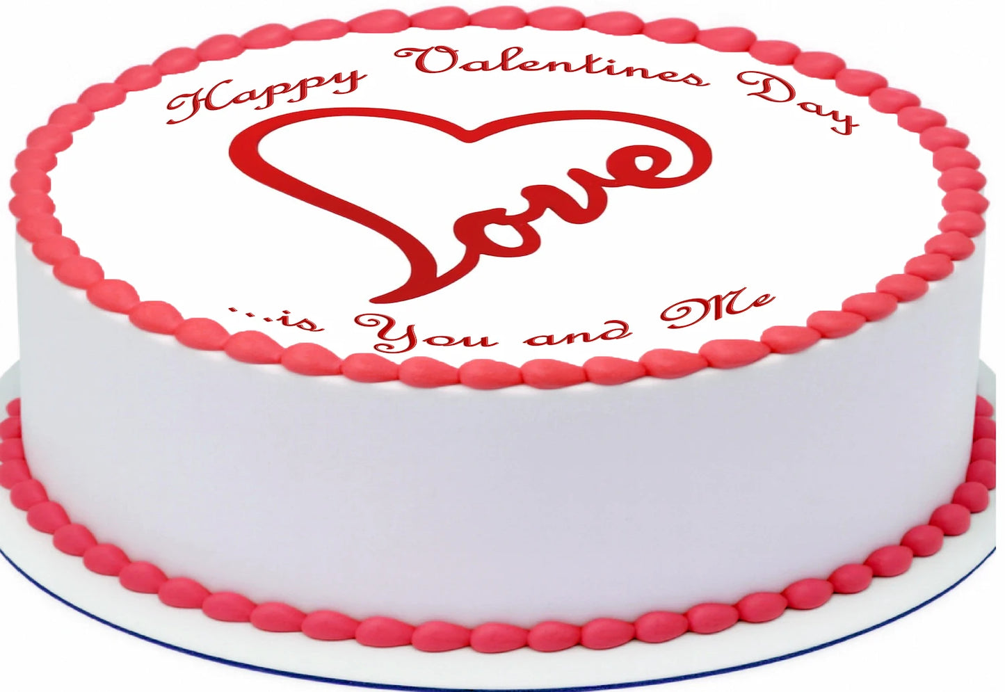 Valentine's Day cake topper with red heart and 'Love is..' tex with a heart made out of the word Love
