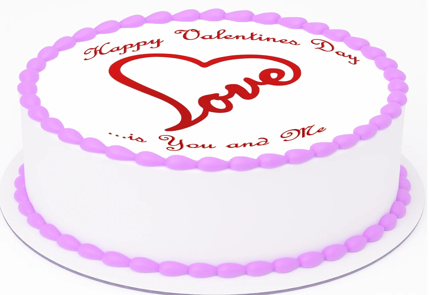 Valentine's Day 'Love is... you and me' text cake topper with a heart made out of 'love' in the center