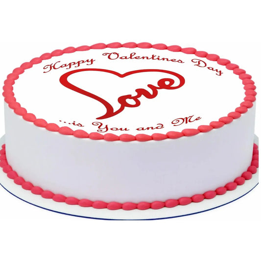 Love Is... Valentine's Day Edible Icing Cake Topper – 8-Inch Round, on a round cake with red frosting.