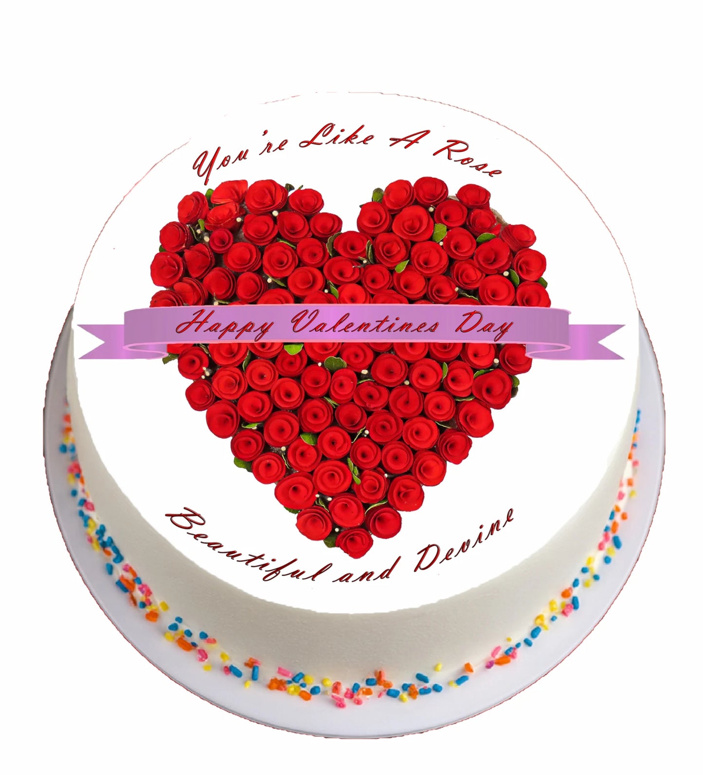 Heart-shaped arrangement of red roses on a edible image cake topper with Valentine's Day text