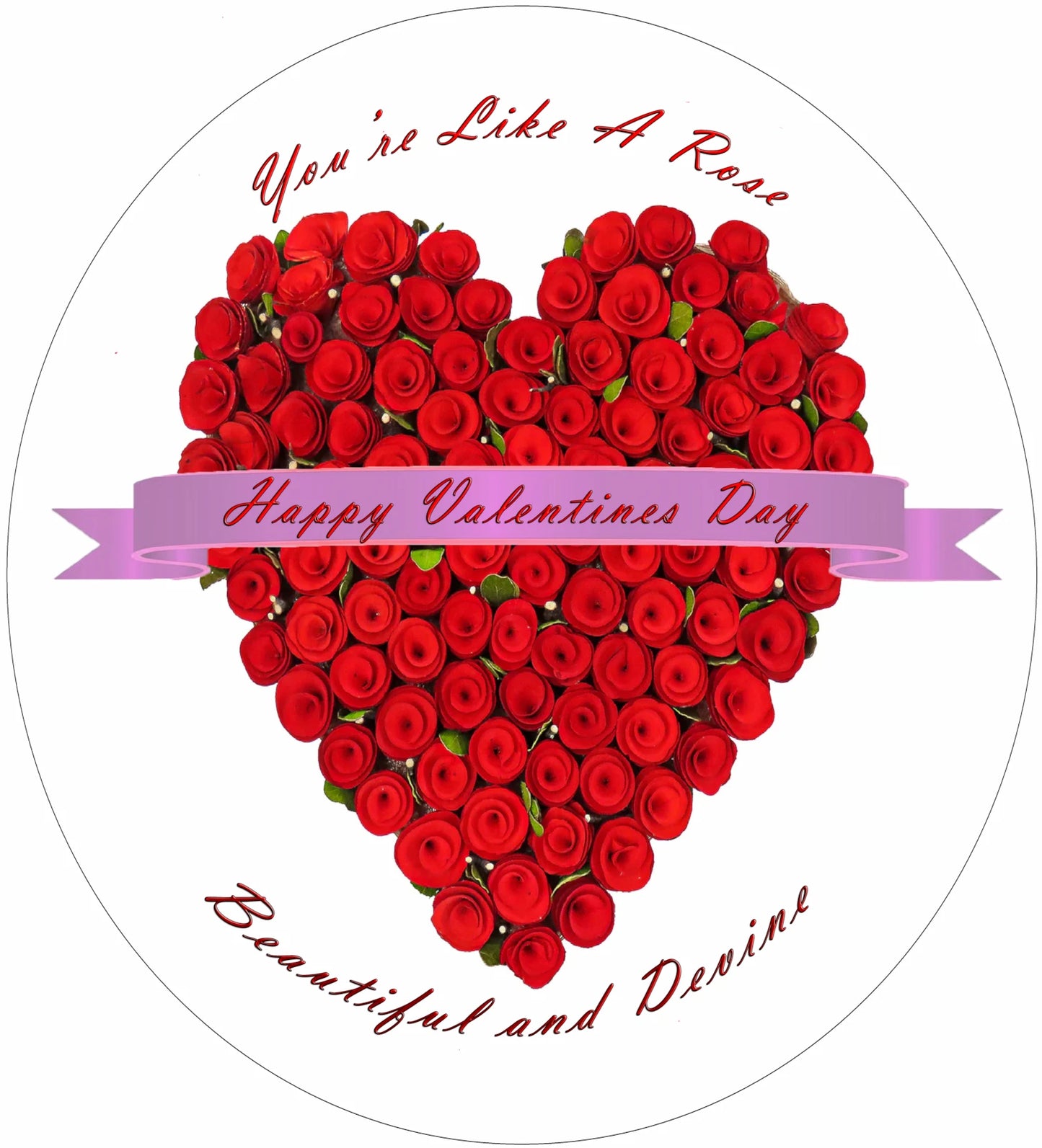 Heart-shaped arrangement of red roses with Valentine's Day text on a precut edible icing image cake topper