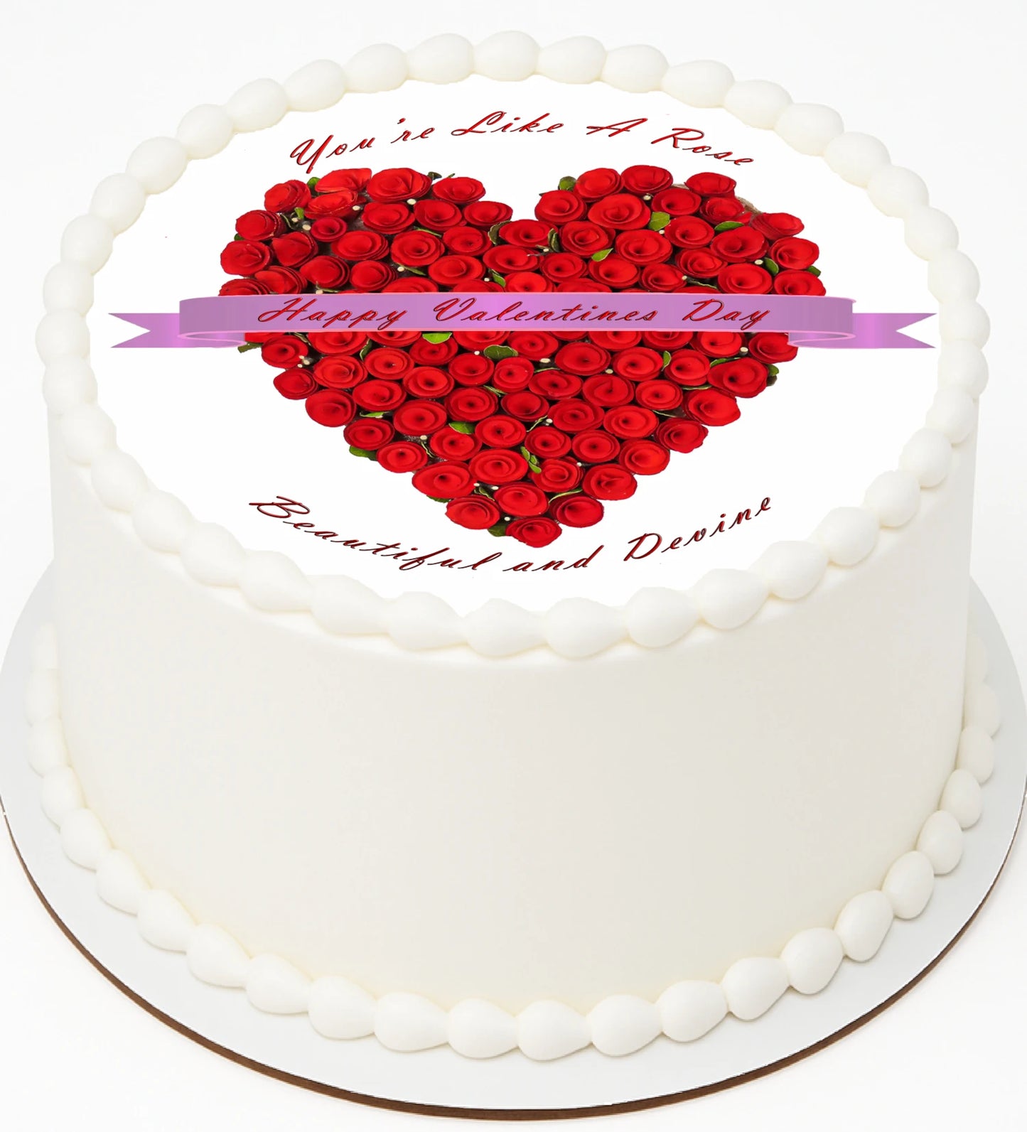 Valentine's Day cake topper with heart-shaped arrangement of red roses on edible image