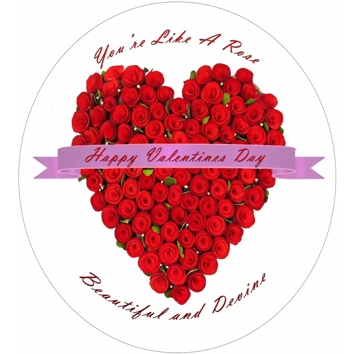 Valentine Roses Valentine's Day Edible Icing Cake Topper – 8-Inch Round, round design with a heart made of roses.