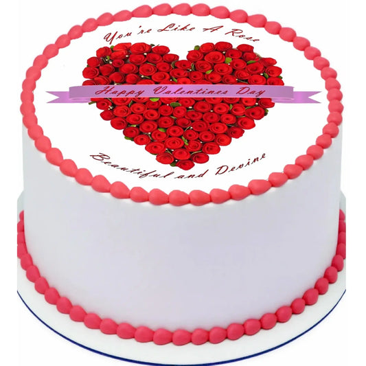 Valentine Roses Valentine's Day Edible Icing Cake Topper – 8-Inch Round, on a round cake with red frosting.