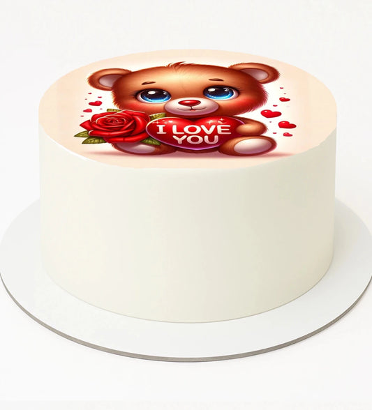 Custom Edible Cake Topper – Valentines Teddy Bear Love Design – Pre-cut 8" Round Icing Sheet – RA Pape