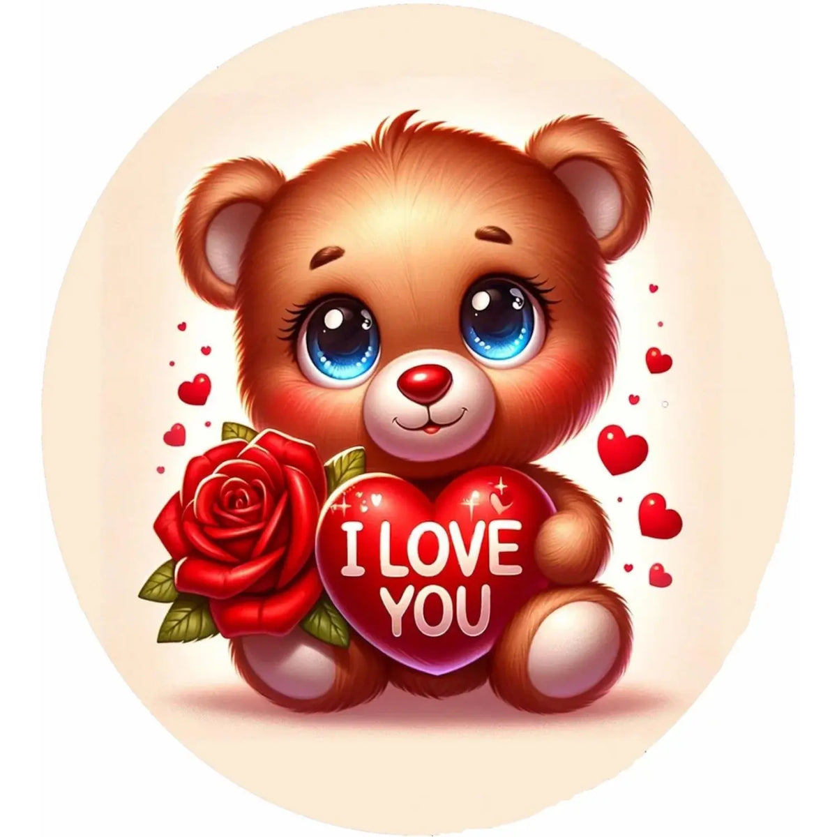 Teddy Bear Love Valentine's Day Edible Icing Cake Topper – 8-Inch Round, round design with a teddy bear holding a rose.