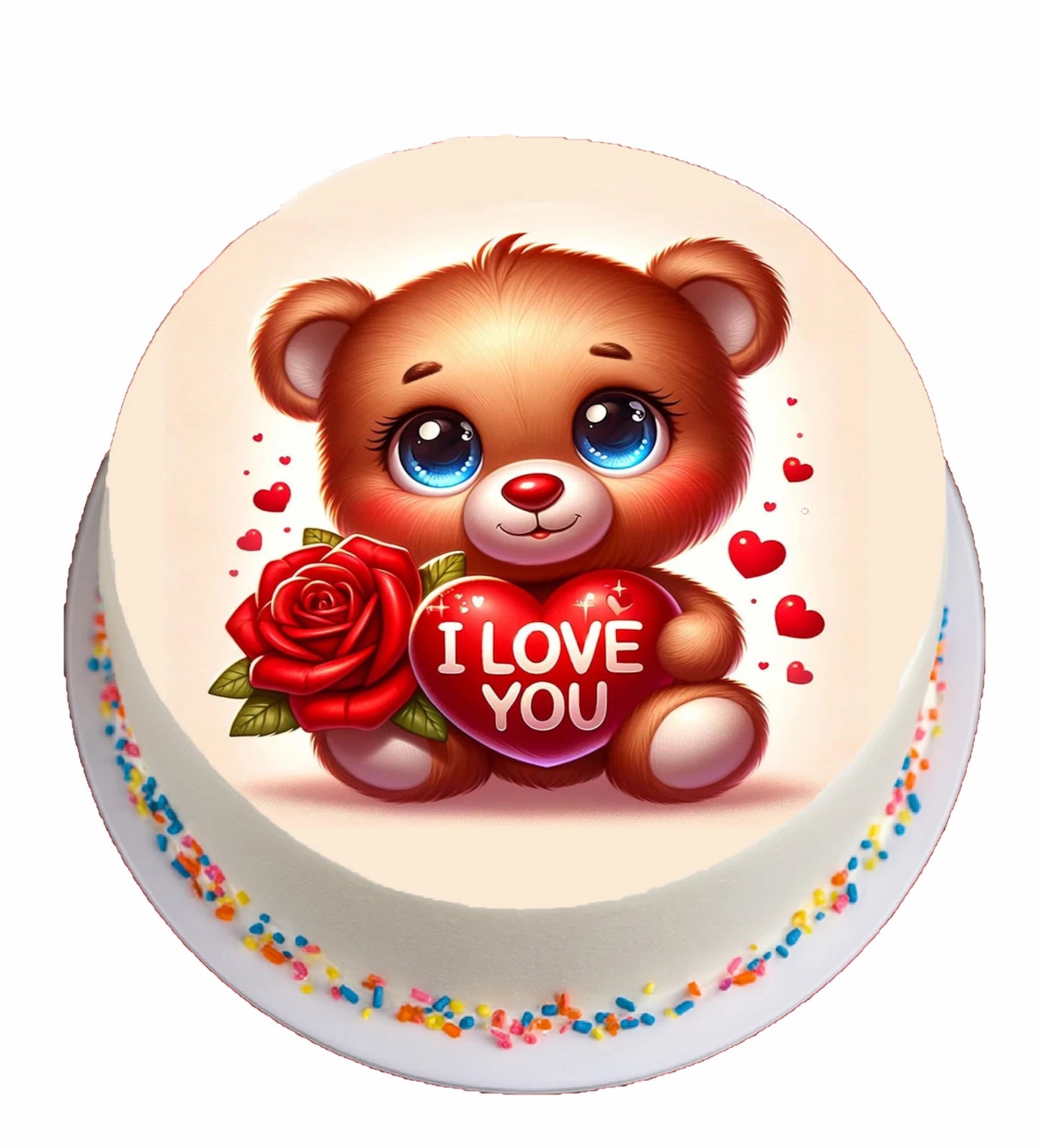 Cute teddy bear holding a 'I LOVE YOU' heart and a rose cake topper edible image