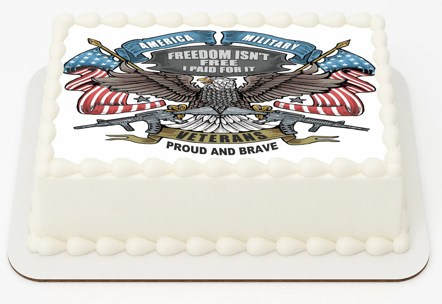White cake with a military-themed design featuring an eagle, American flags, and text.