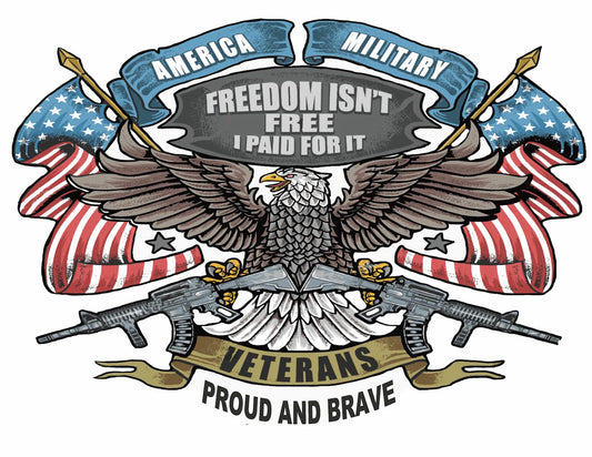 Eagle with American flags and military weapons, featuring text about veterans and freedom.
