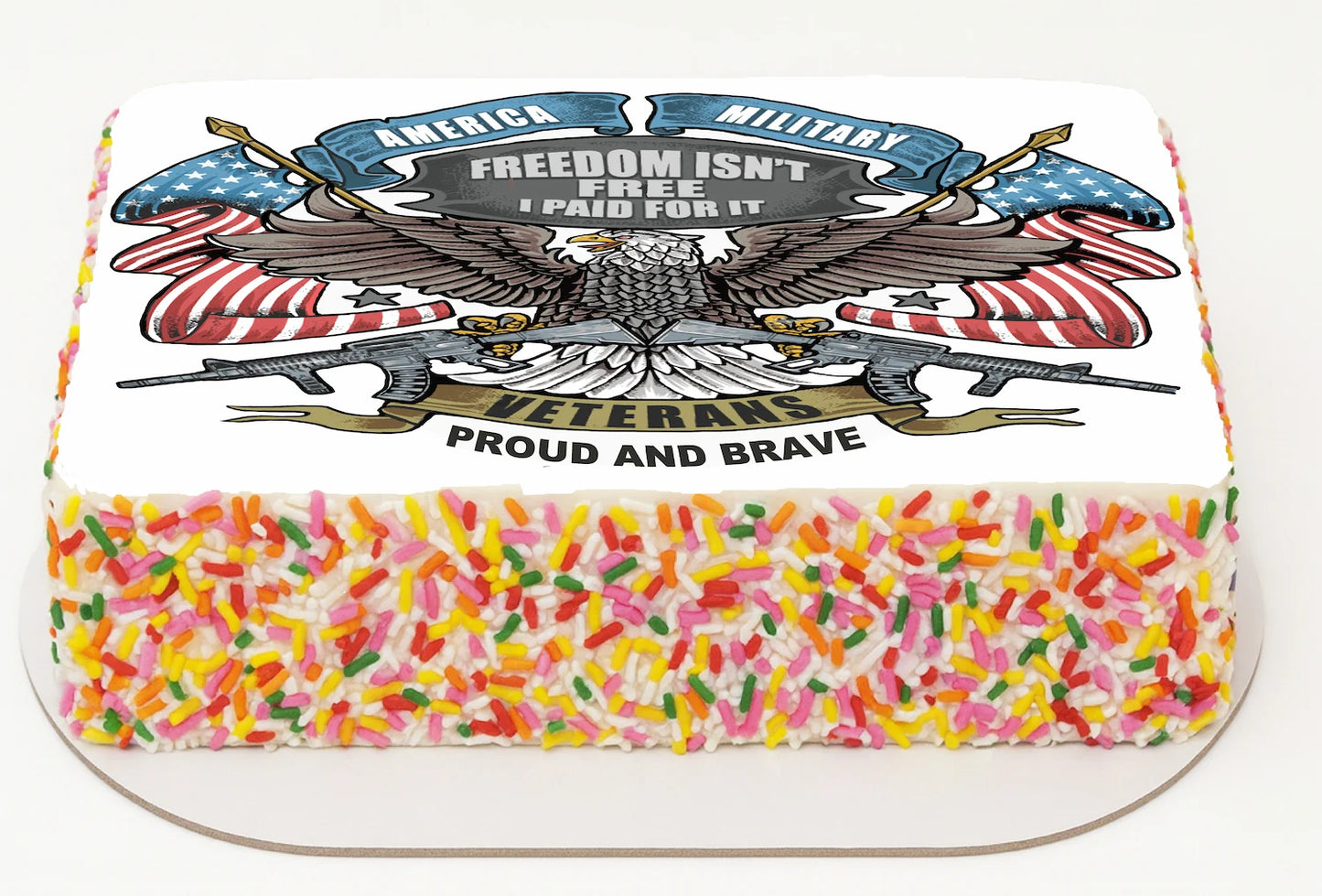 United States Air Force-themed cake with American flag design and colorful sprinkles.