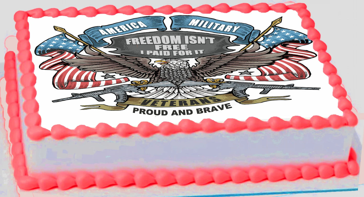 Decorative cake topper with eagle, American flags, and text about military veterans.