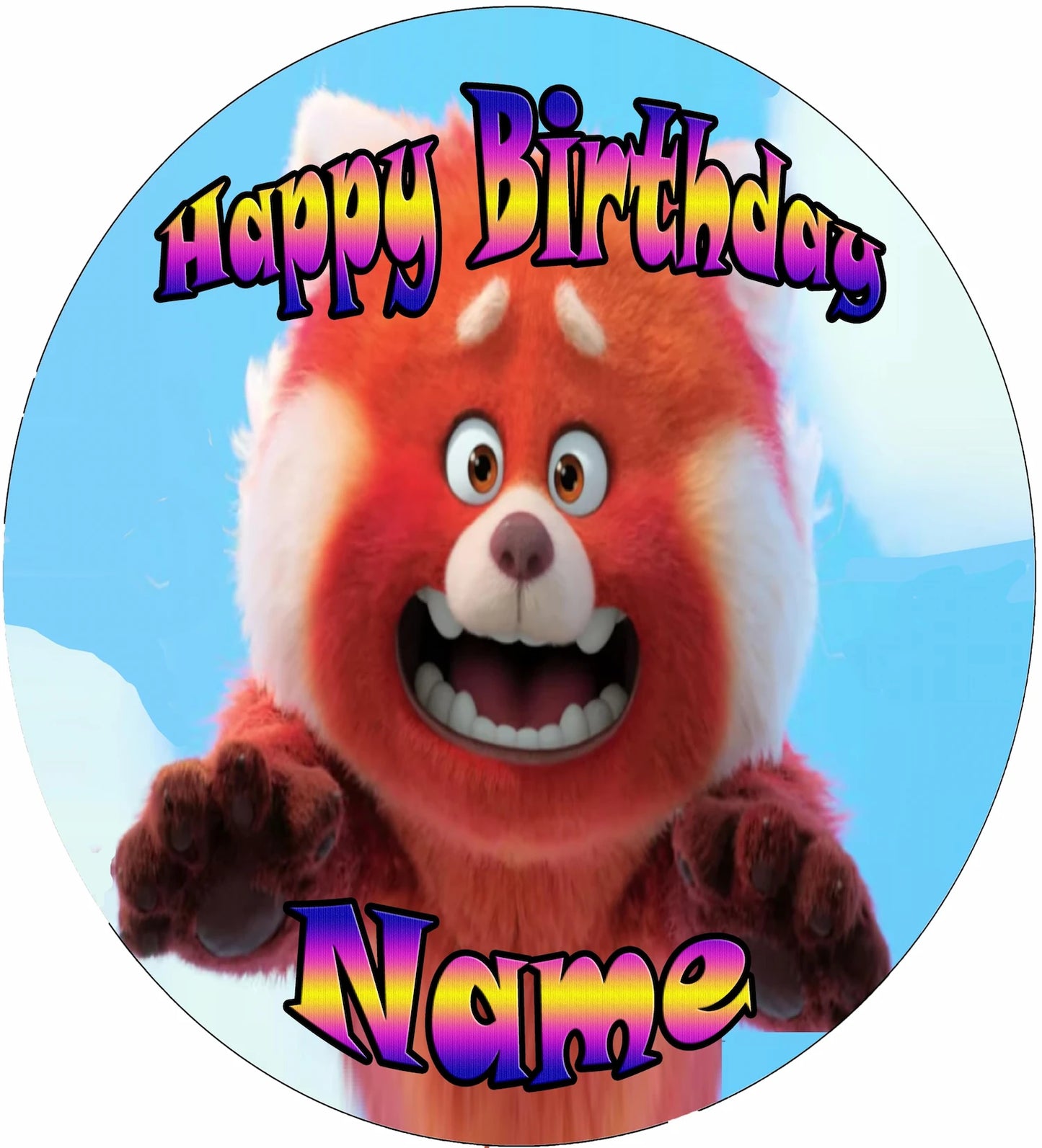 Circular birthday edible image with turning red panda character and 'Happy Birthday' text