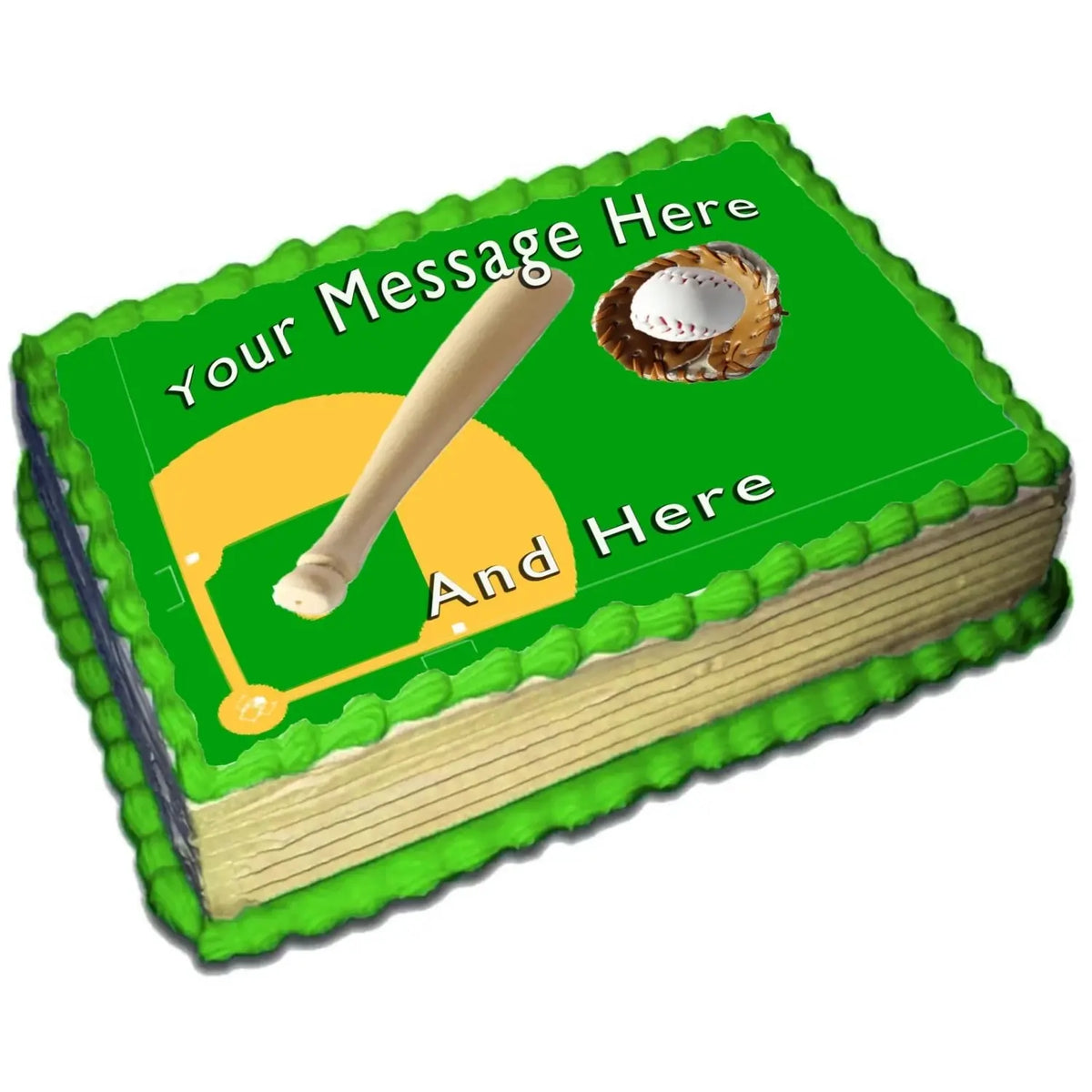 Baseball Diamond Edible Icing Sheet Cake Topper, on a green frosted sheet cake.