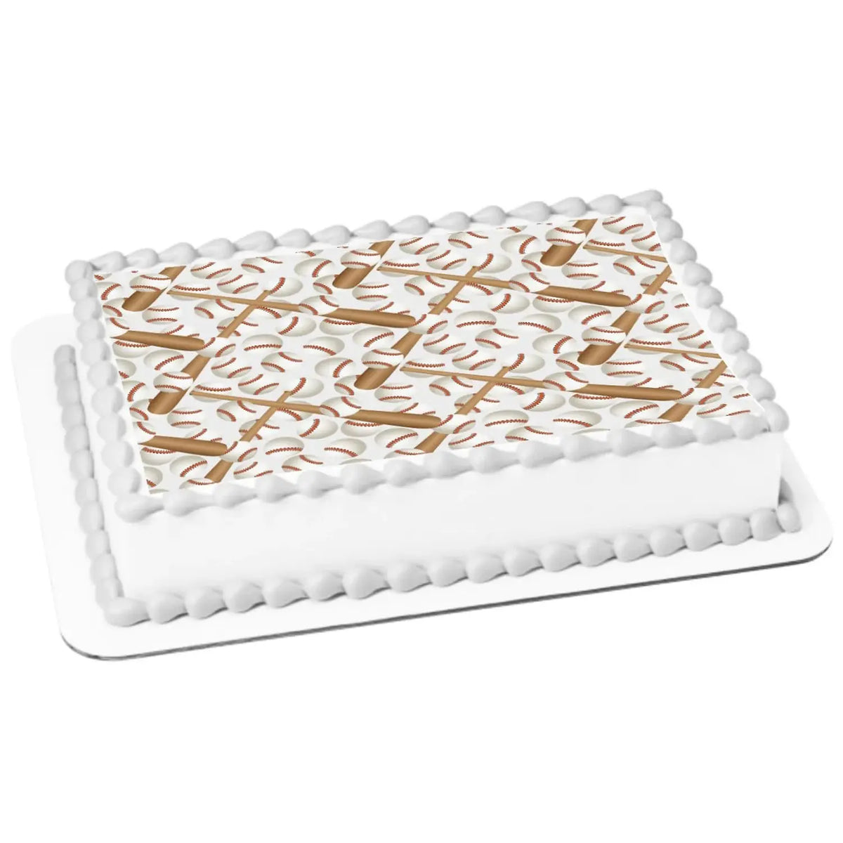 Baseball Game Edible Icing Sheet Cake Topper, on a white frosted sheet cake.