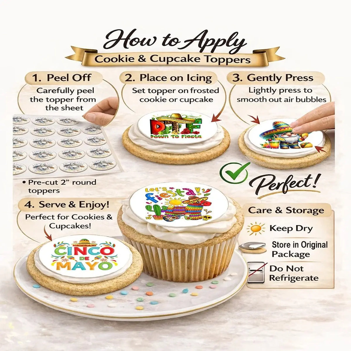 Instructions for applying edible icing cookie and cupcake toppers with assorted Cinco de Mayo designs.