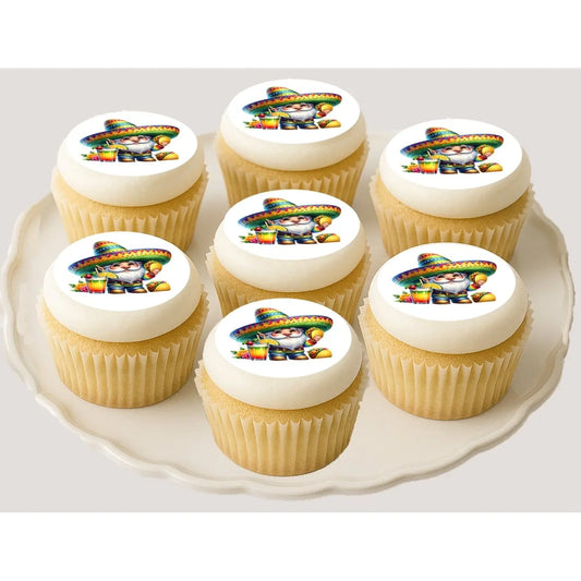 Cinco de Mayo edible icing cookie and cupcake toppers with a fiesta gnome in a sombrero, on cupcakes.