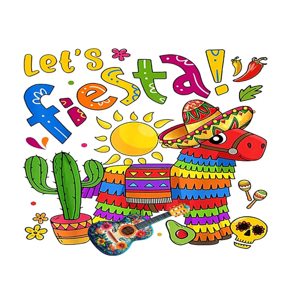 Cinco de Mayo edible icing cake topper with Let's Fiesta lettering and a piñata, sheet design.