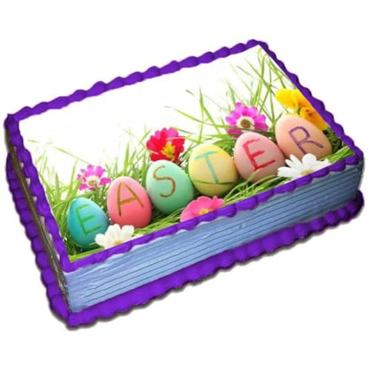 Easter Tulips Edible Icing Sheet Cake Topper on a frosted sheet cake.